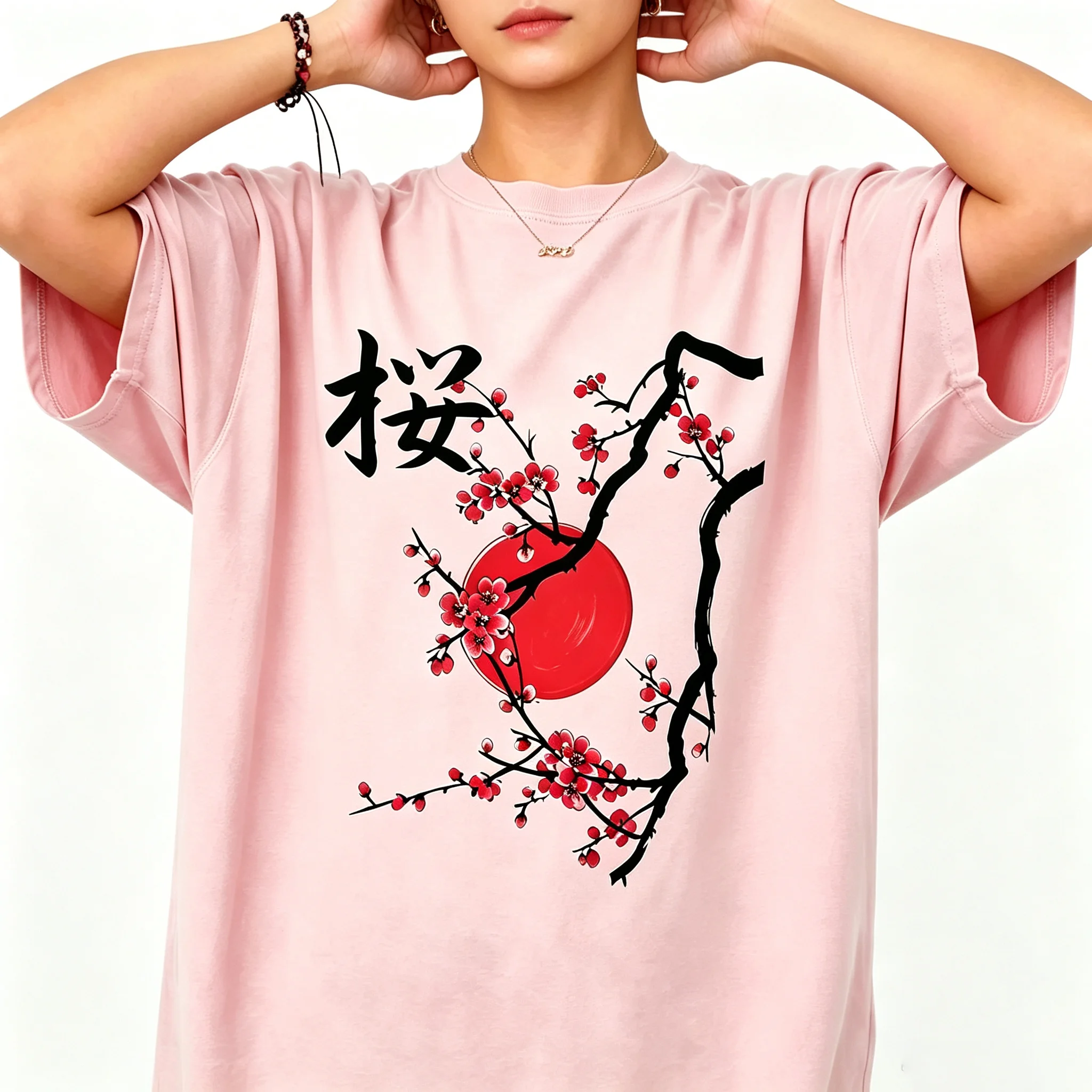 Women Japanese Sakura Cherry Blossom Graphic T‑Shirt Front Print Crew Neck Short Sleeve Tee Vintage Aesthetic Streetwear Loose
