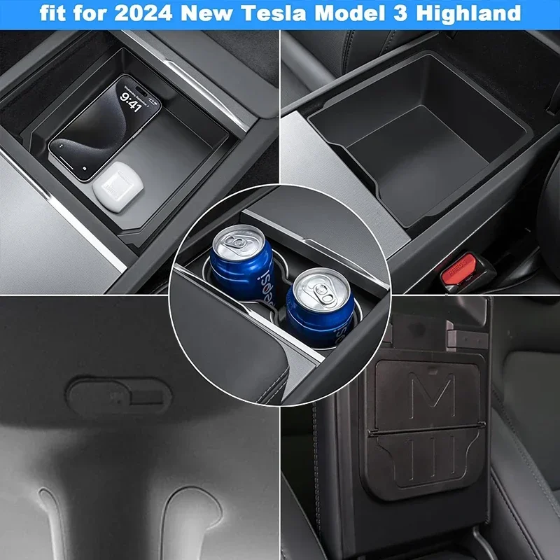 Per Tesla Model 3 Highland 2024 scatola portaoggetti bracciolo centrale scatola nascosta portabicchieri per accessori Tesla Model 3 Highland 2024