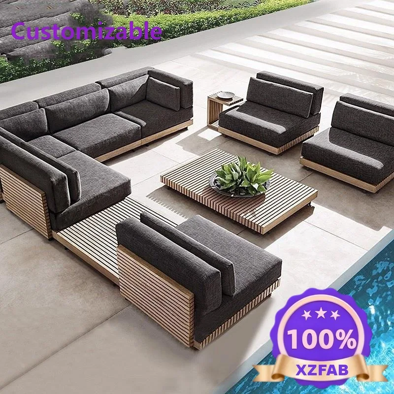 Factory Direct 2026 Outdoor old solid wood sofa villa outdoor teak coffee table combination courtyard garden corner leisure sofa