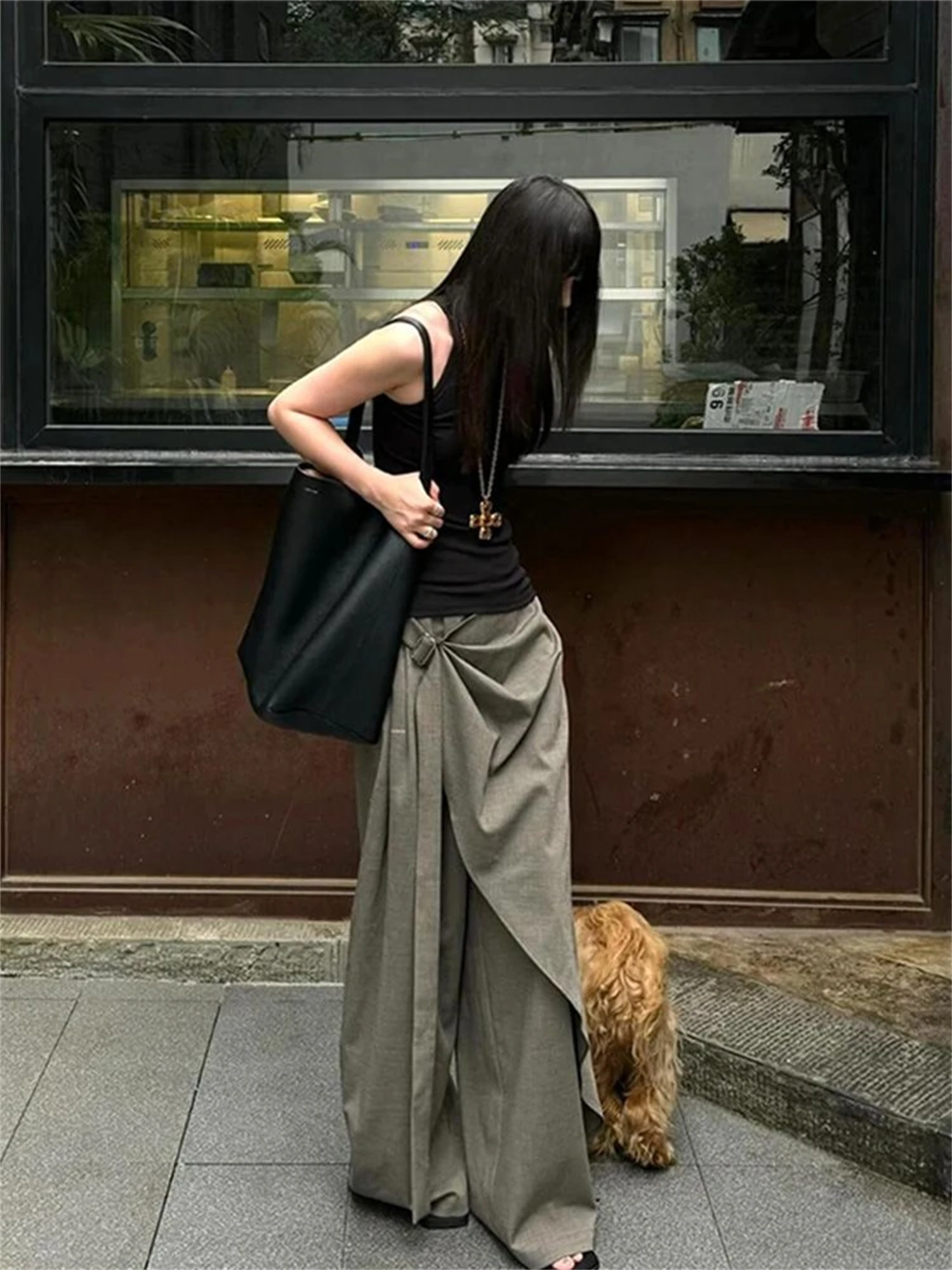 Women's Olive Green Wide Leg Pants Fashion Asymmetric Drape Buckle Detail High Waist Loose Casual Elegant Streetwear Trousers