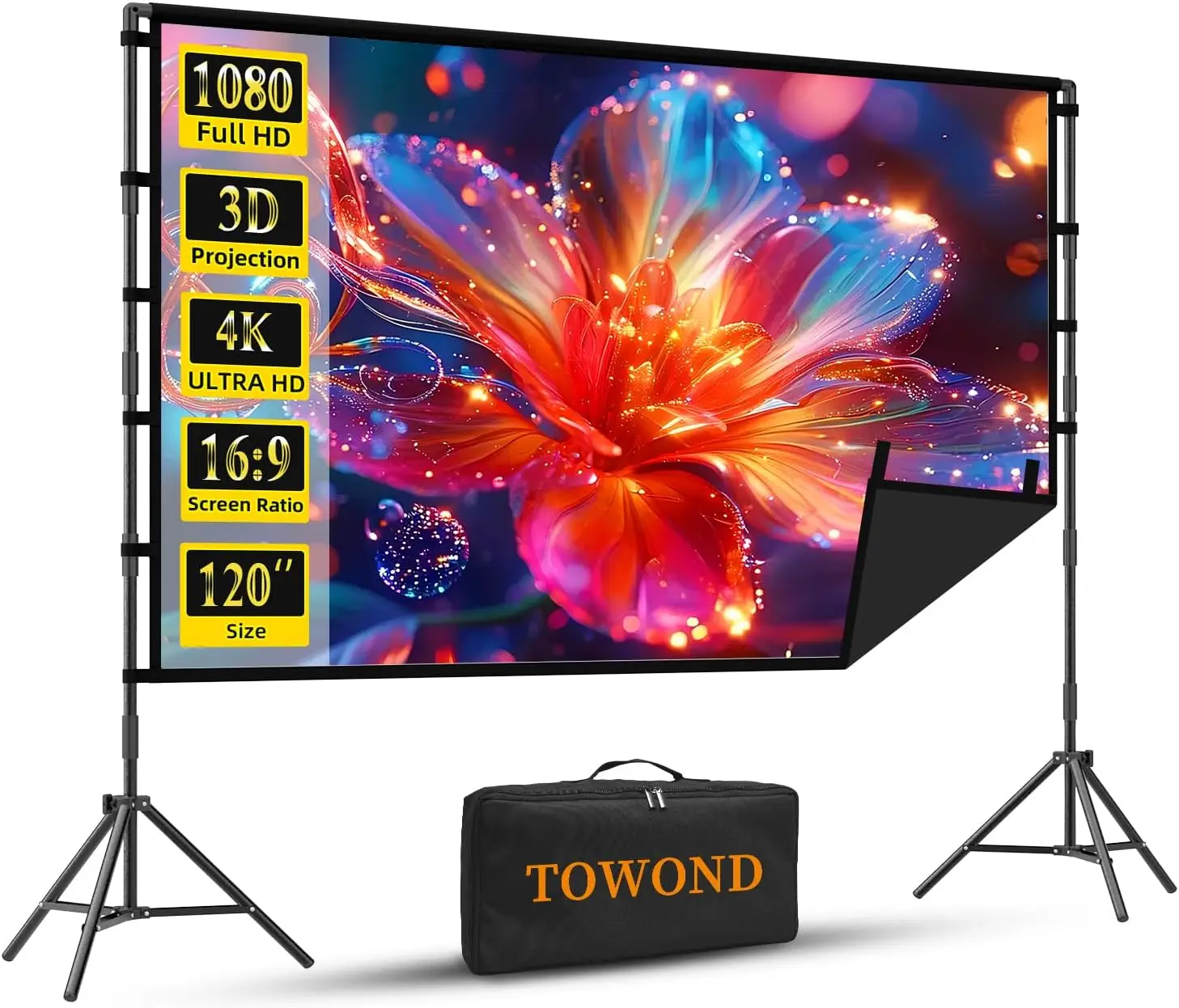 

120 Inch Portable Outdoor Projector Screen with Stand, 16:9 HD Wrinkle-Free for Backyard Movie Nights