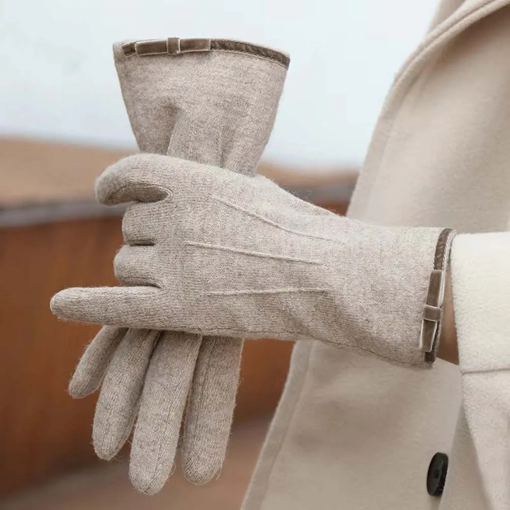 Mitaines anti-froid avec nœud en faux cachemire, écran tactile doux, gants épais, style coréen, plus chaud, élasticité, doigt