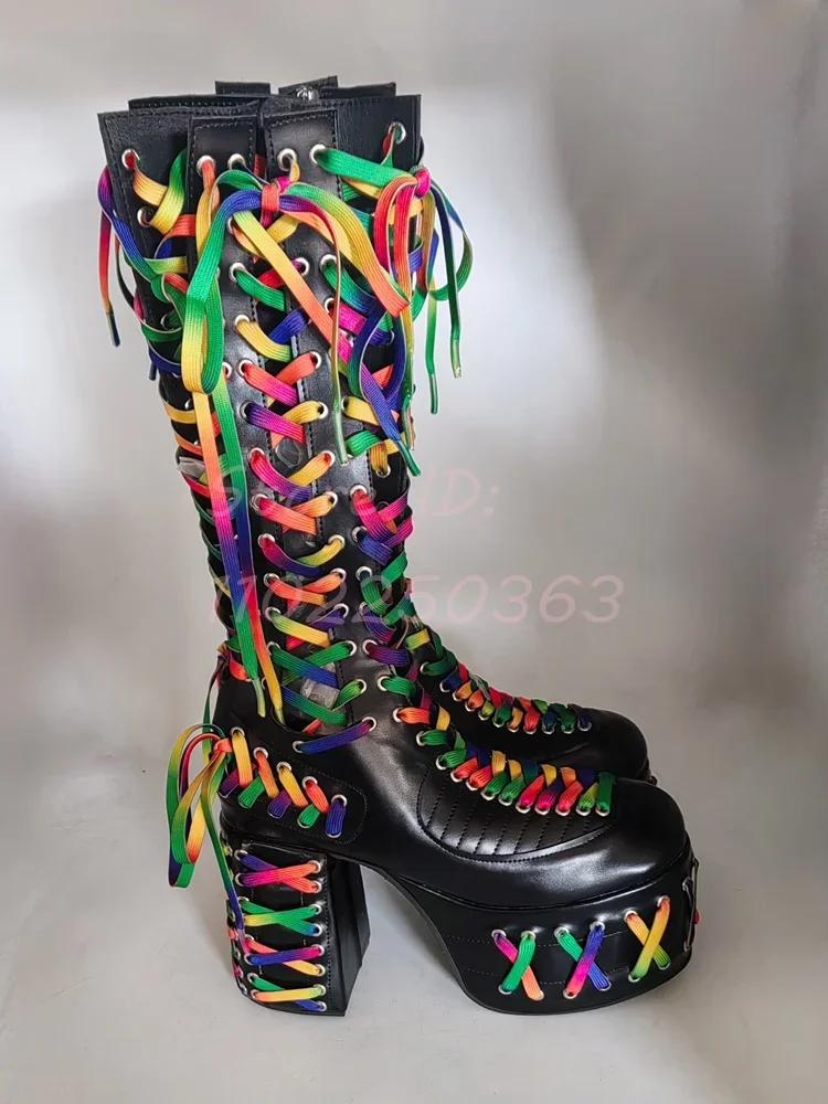 Rock Rainbow Riband Knight Boots Round Toe Leather Laces Cross-tied Square Heel Knee-high Boots 2024 New Women Fashion Shoes - view 3