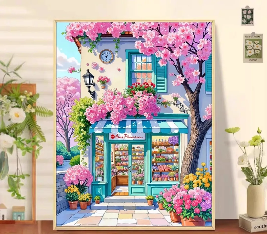 

9ct 60x80cm Цветочный магазин Наборы для печати Вышивка крестиком DIY Набор для рукоделия Домашний декор Поделки с иглами Нитки