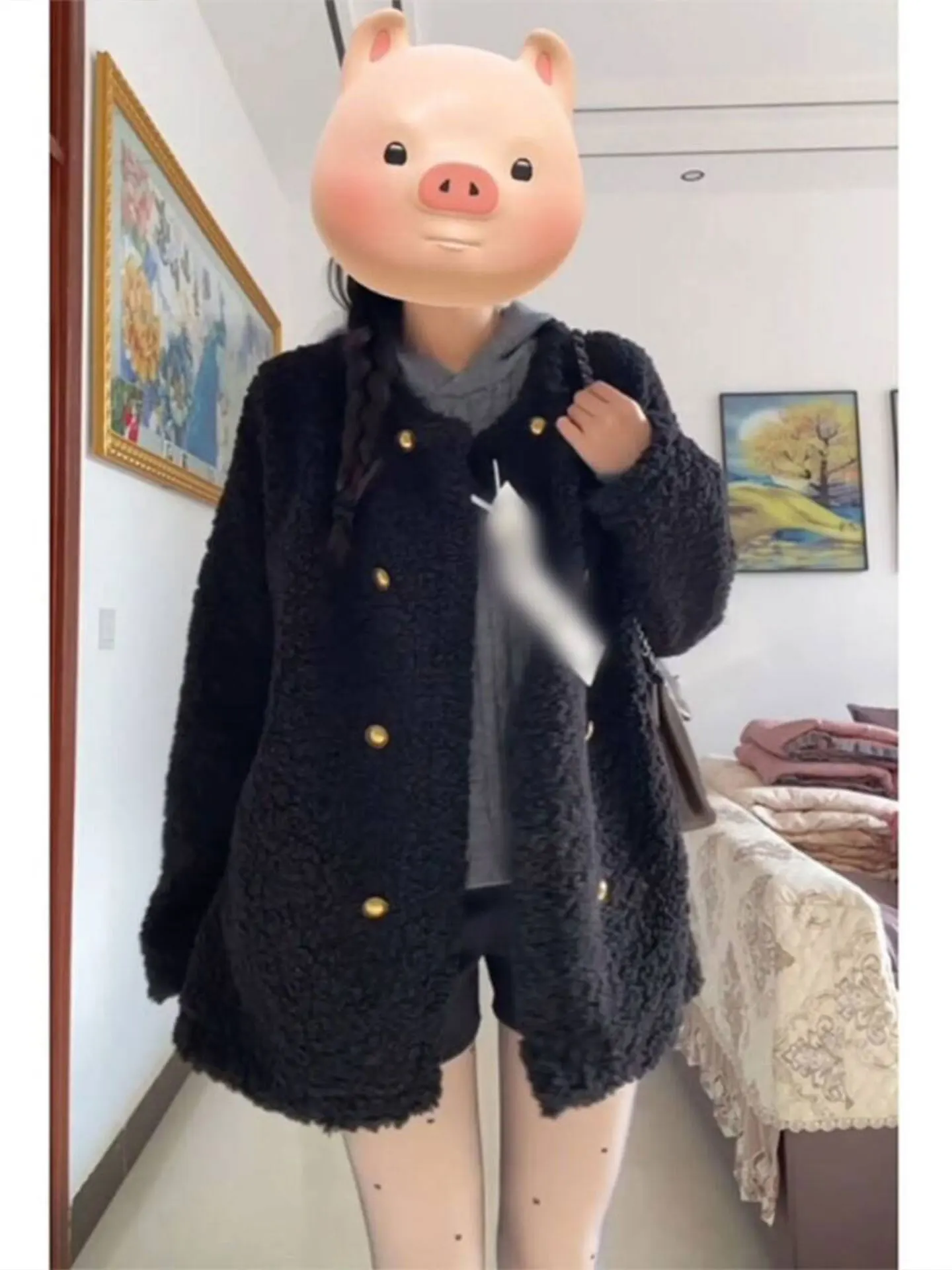 plus Size Women's Black Lamb Fur Jacket Thickened Double Row Buttons round Neck Cotton Inserted Autumn Winter New Style Coat