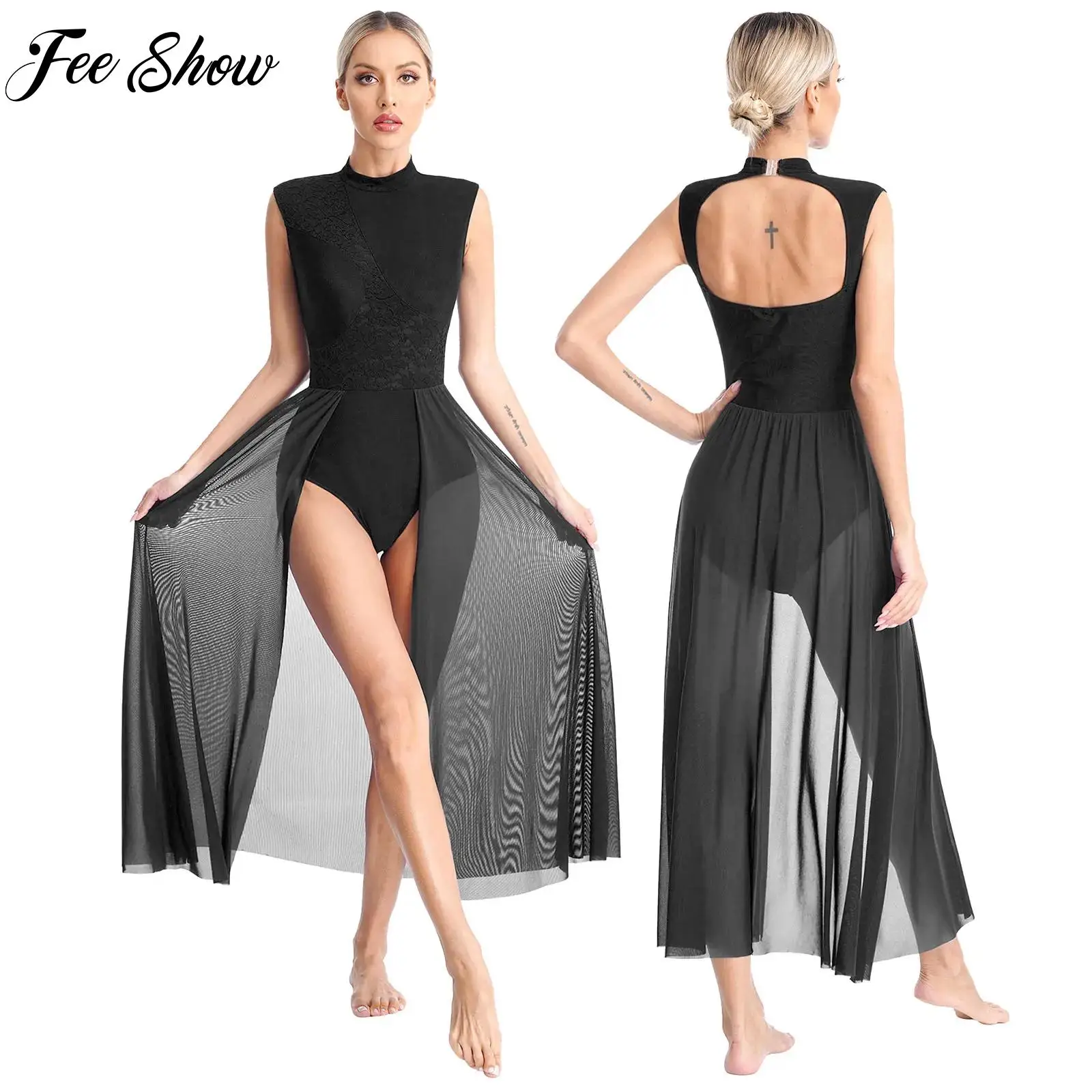 

Women Lyrical Dance Dress Modern Contemporary Dance Costume Floral Lace Open Back Sleeveless Leotard Dresses Performance Costume