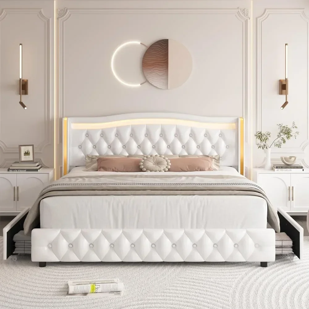 Marco de cama con plataforma LED Queen Smart con 4 cajones de almacenamiento, cabecero con respaldo de cristal capitoné y adorno dorado inoxidable, blanco