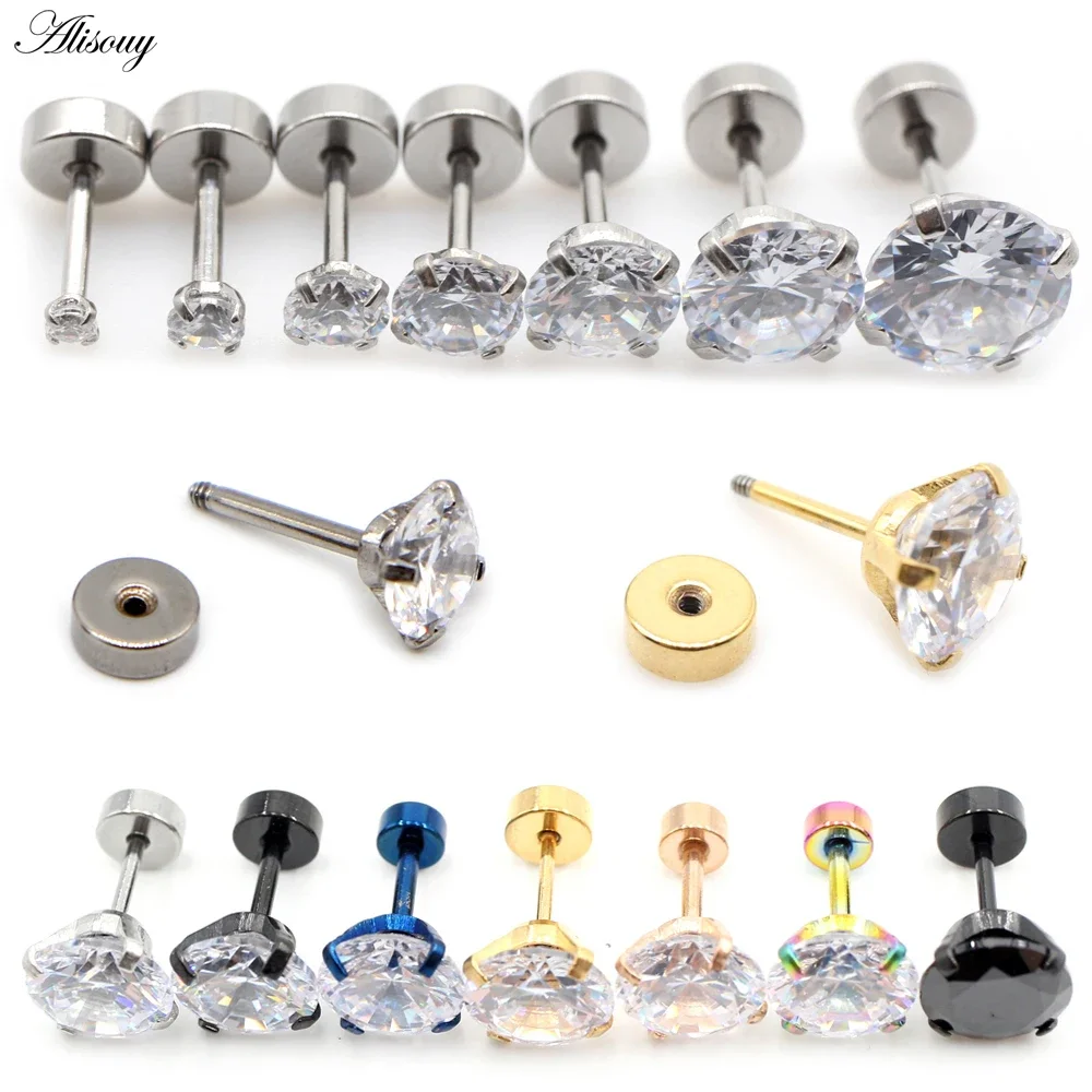 2 Pieces Stainless Steel Unisex Women Men Round Crystal Zircon Ear Studs Earrings 4 Prong Tragus Cartilage Piercing Jewelry