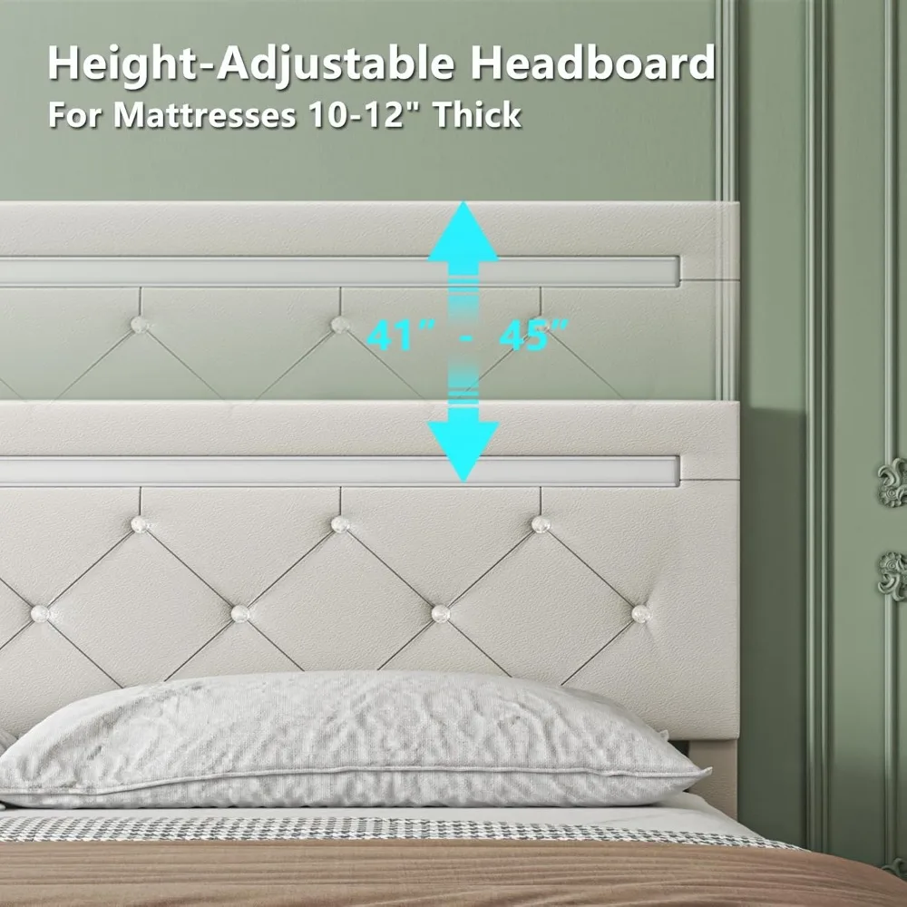 إطار سرير بحجم كوين مع أدراج تخزين وإضاءة LED، ومقبسين ومنفذي USB، ولوح رأسي قابل للتعديل مع تنجيد من جلد البولي يوريثان