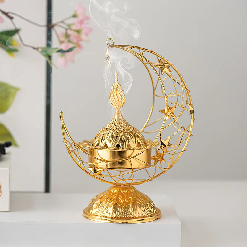 Middle East handheld crescent metal incense burner, black gold color, living room desktop aromatherapy stove