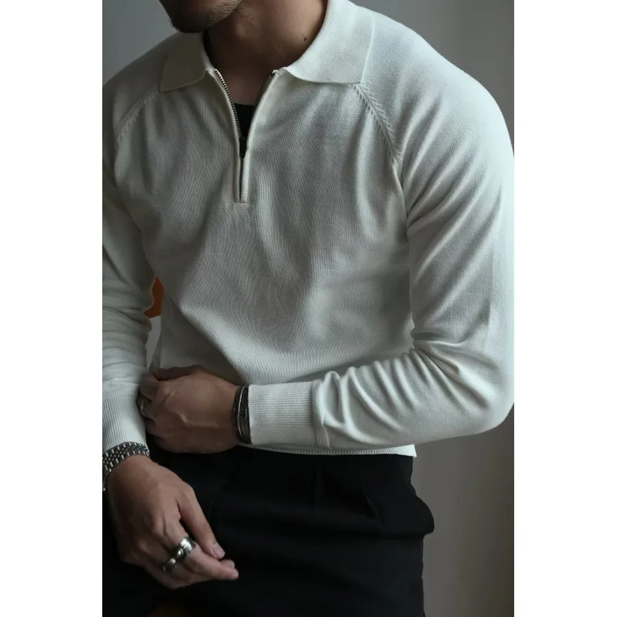Autumn/Winter Gentleman Men's Half-height Zipper Knit Long-sleeved Polo Shirt Sweater Men Retro Business Casual Commuter T-shirt