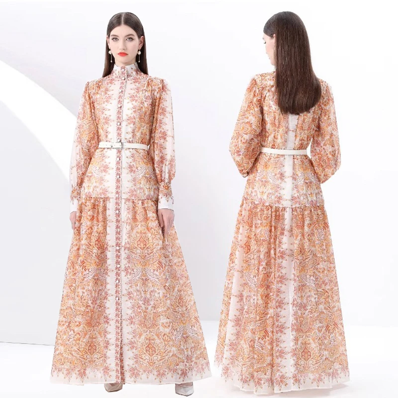 Briti Sle Long Sve Floral Print Stand Collar Maxi Dr Women's Photoaphy Dr Ele Midi Skirt Polyester Fiber