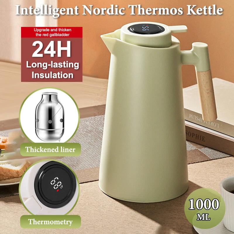 1000ML Thermos Bottle Nordic Thermos For Hot Water Intelligent Water Heater Kettle Jug Bottle Vacuum Flask Wooden Handle