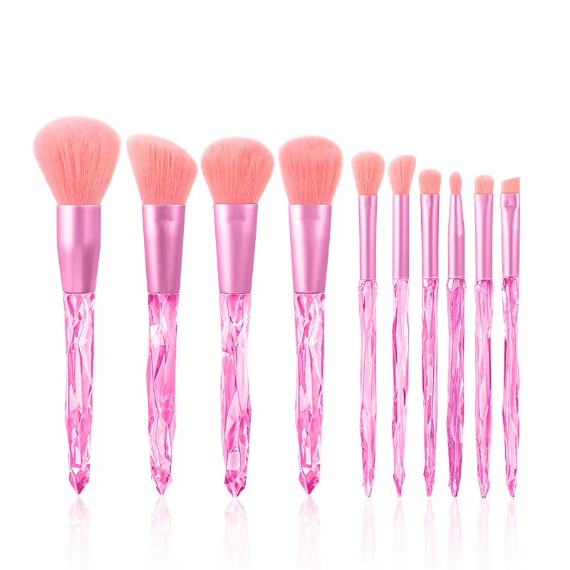 10pcs/set Faux Crystal Handle Makeup Brushes Portable Loose Powder Blush Eye Shadow Brow Lip Multifunction Cosmetic Brush Kit