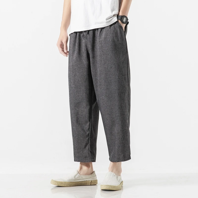 2024 Summer Cotton Linen Pants for Mens Japanese Breathable Loose Casual Pants Thin Elastic Waist Cropped Pants