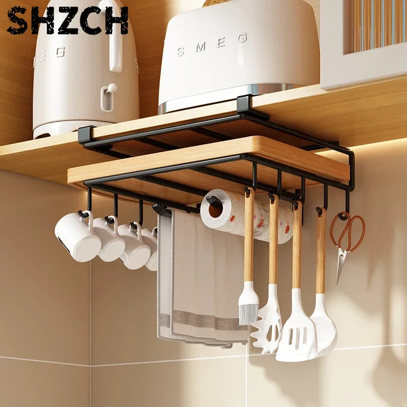 Kitchen Hanging Organizer Rack with Hooks Under Cupboard Paper Towel and Rags Hanger Cutting Board and Pot Cover Holder