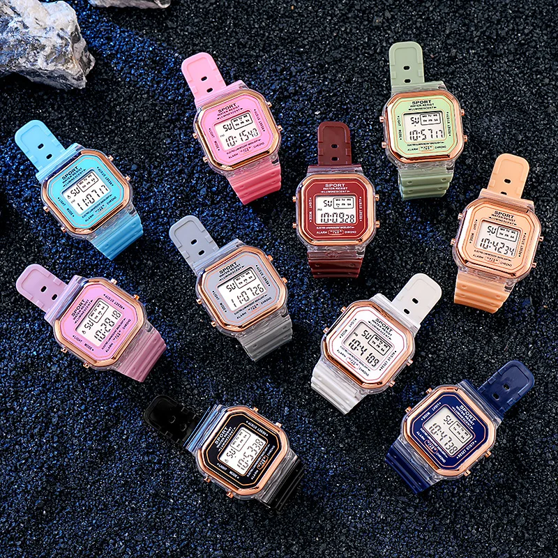 New Fashion Digital Electronic Watch Student Transparent Candy Multicolor LED Women Men Sports Waterproof Watches Clock Gift