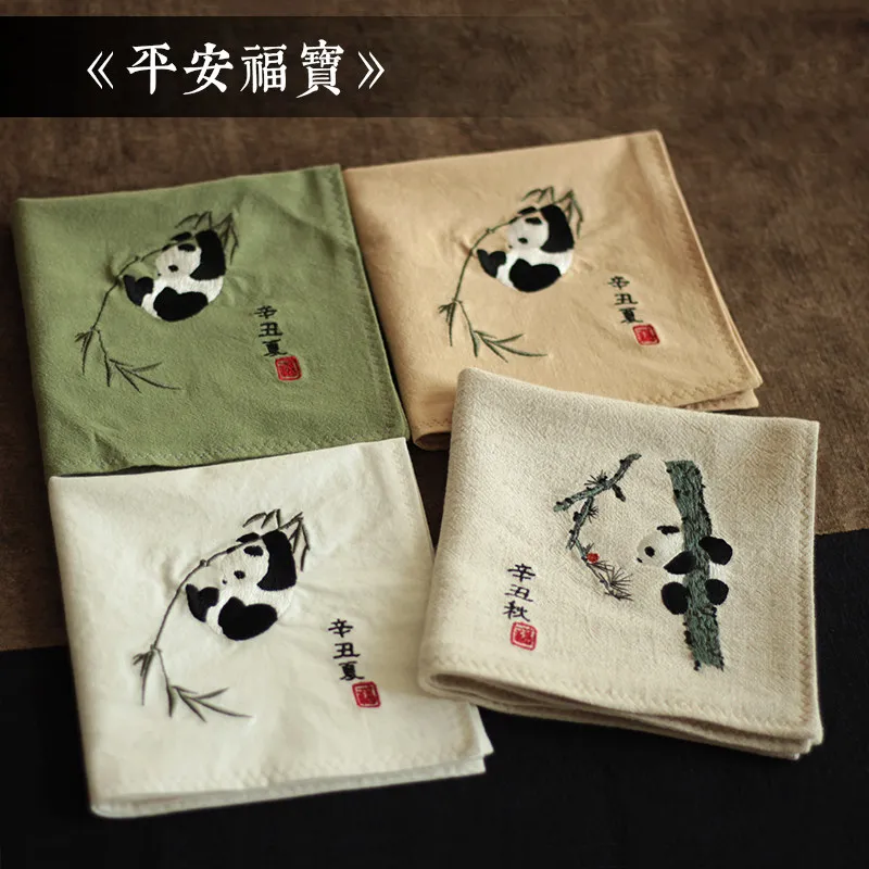 Chinese Style Cute Panda Embroidered Pure Cotton Handkerchief Absorbent Pocket Square Lucky Gift For Friends Daily Use Souvenir