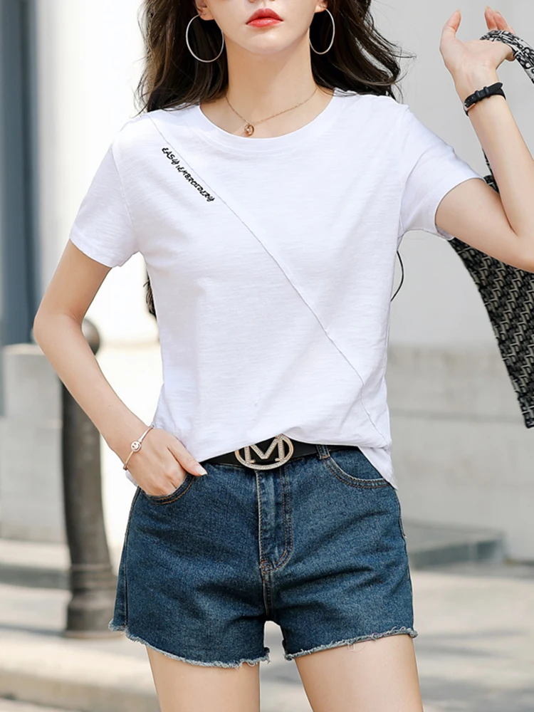 2026 Sommer T-Shirt Damen 100% Baumwolle Kurzarm-Shirts Tops O-Ausschnitt Shirt Tees Locker Sitzende Patchwork-Tops Lässig Hochwertig – Detail 2