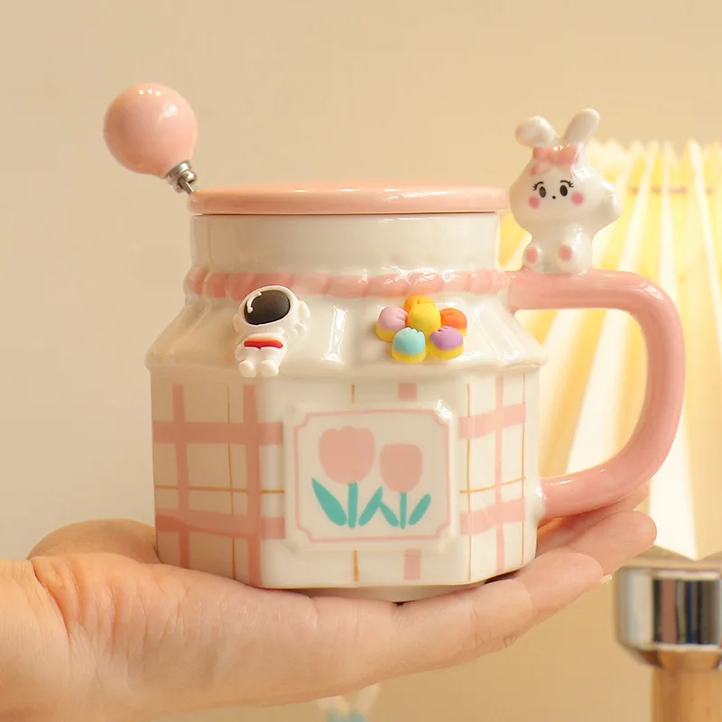 

Rabbit Ceramic Cup with Lid Spoon Cute Mug Girls High Appearance Level Breakfast Dormitory Drink Couples Cup Gift Home Decoratio