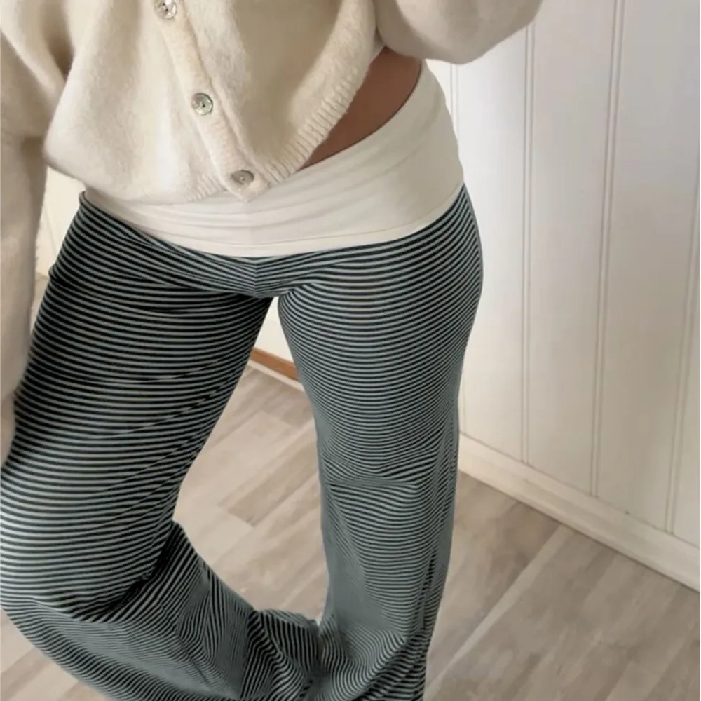 Women's Clothing Casual Homewear Pants Contrast Striped Knitted Straight Leg Pants All-match Simple Style Patchwork Comfortable