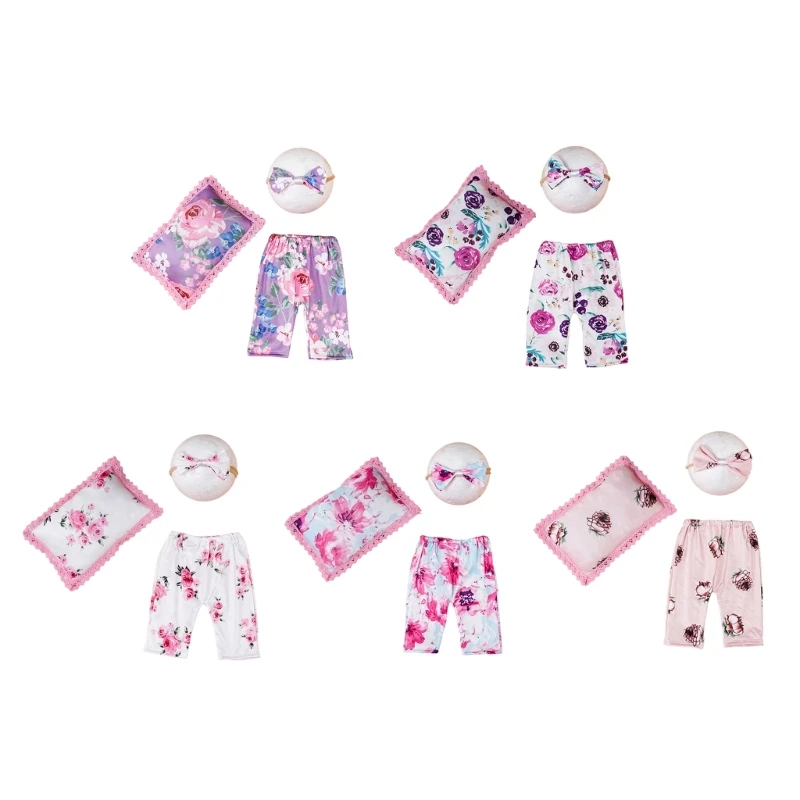 

Q0KB Baby Photo Clothing Floral Long Pants Bowtie Headband Posing Pillow Props Newborn Shower Gift Photoshooting Costume 3PCS