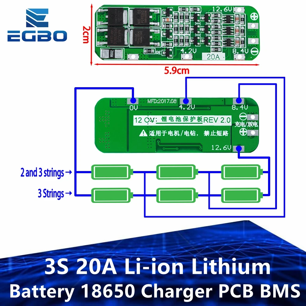 5PCS 3S 20A Li-ion Lithium Battery 18650 Charger PCB BMS Protection Board For Drill Motor 12.6V Lipo Cell Module 64x20x3.4mm