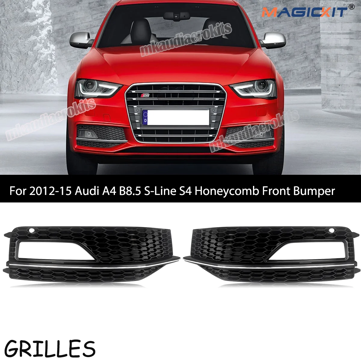 MAGICKIT Audi A4 Fog Light Cover For Audi A4 B8.5 S-Line S4 Model 2012-2015 Black+Chrome Trim Derect Replacement accessories