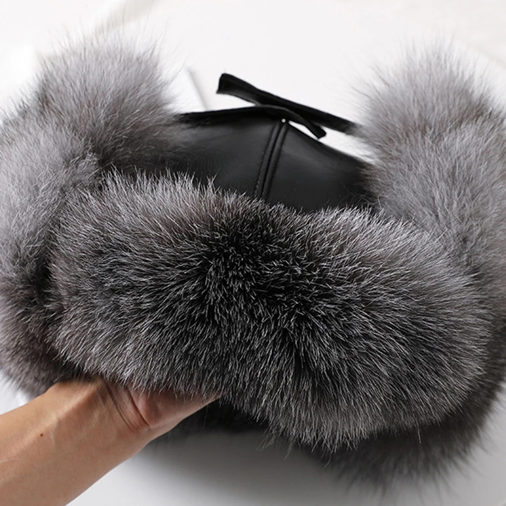 New Men Outdoor Windproof Winter Natural Real Fox Fur Bombers Hats Quality Raccoon Fur Cap Man Luxury Real Sheepskin Leather Hat