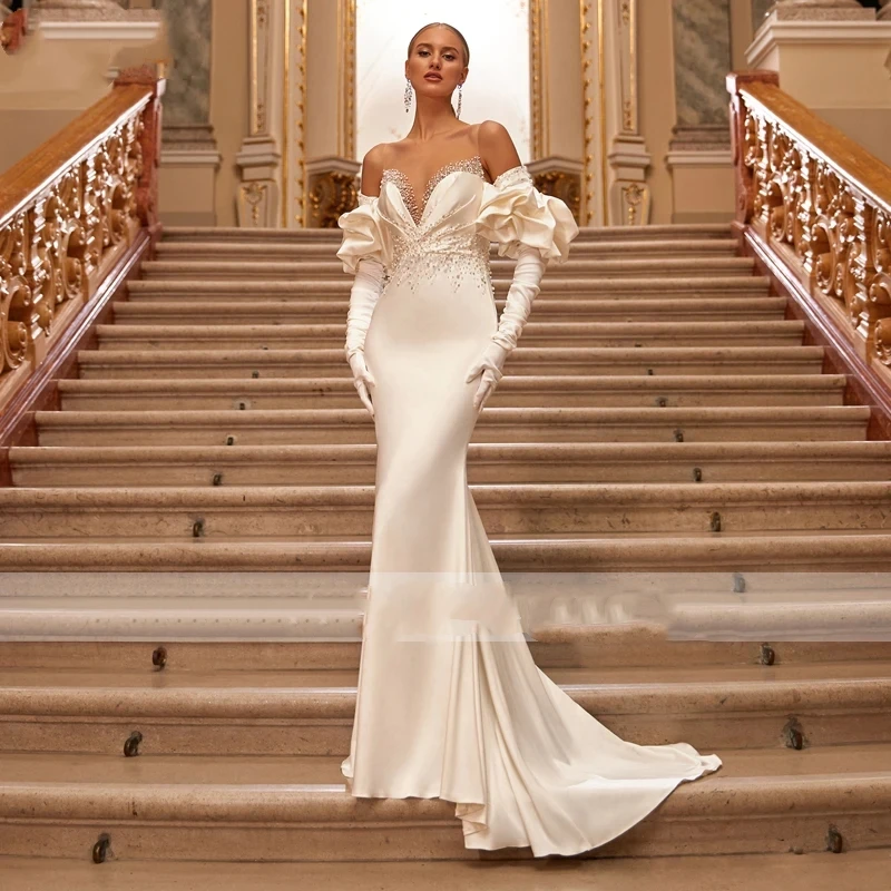 Abiti da sposa classici con fodero staccabile da treno sirena mezze maniche a sbuffo abiti da sposa in raso abito elegante Vestidos De Novia