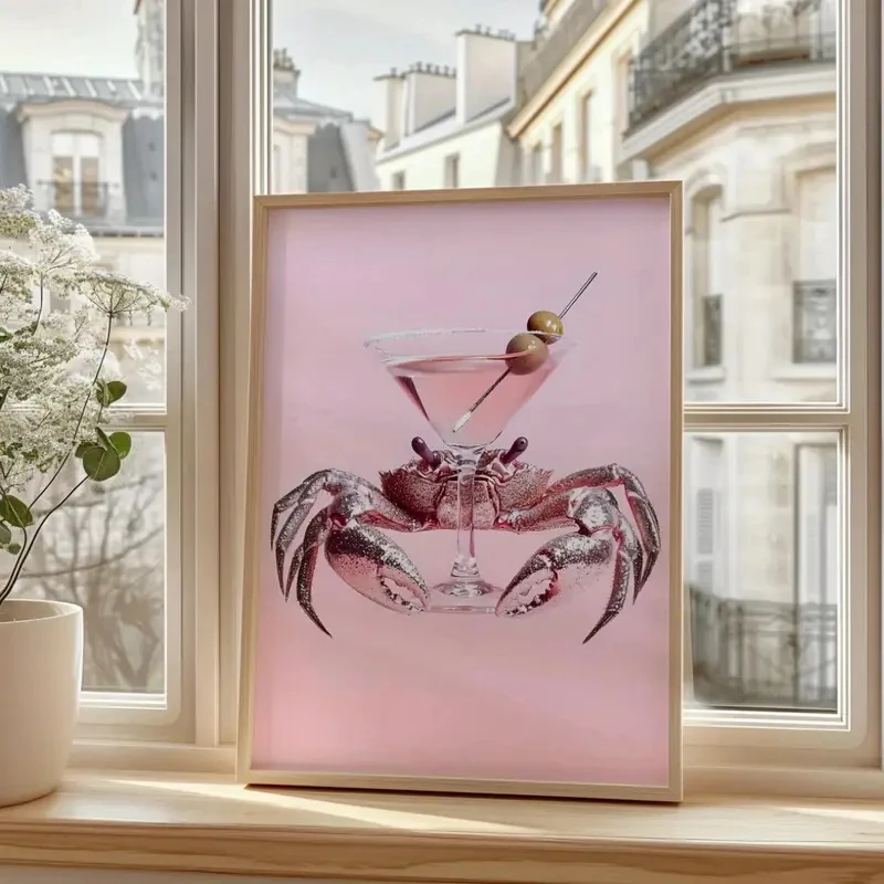 

Retro Martini Crab Mural Prints, Pink Seafood-themed Canvas Paintings, Modern and Simple Living Room, Room and Home Decoration