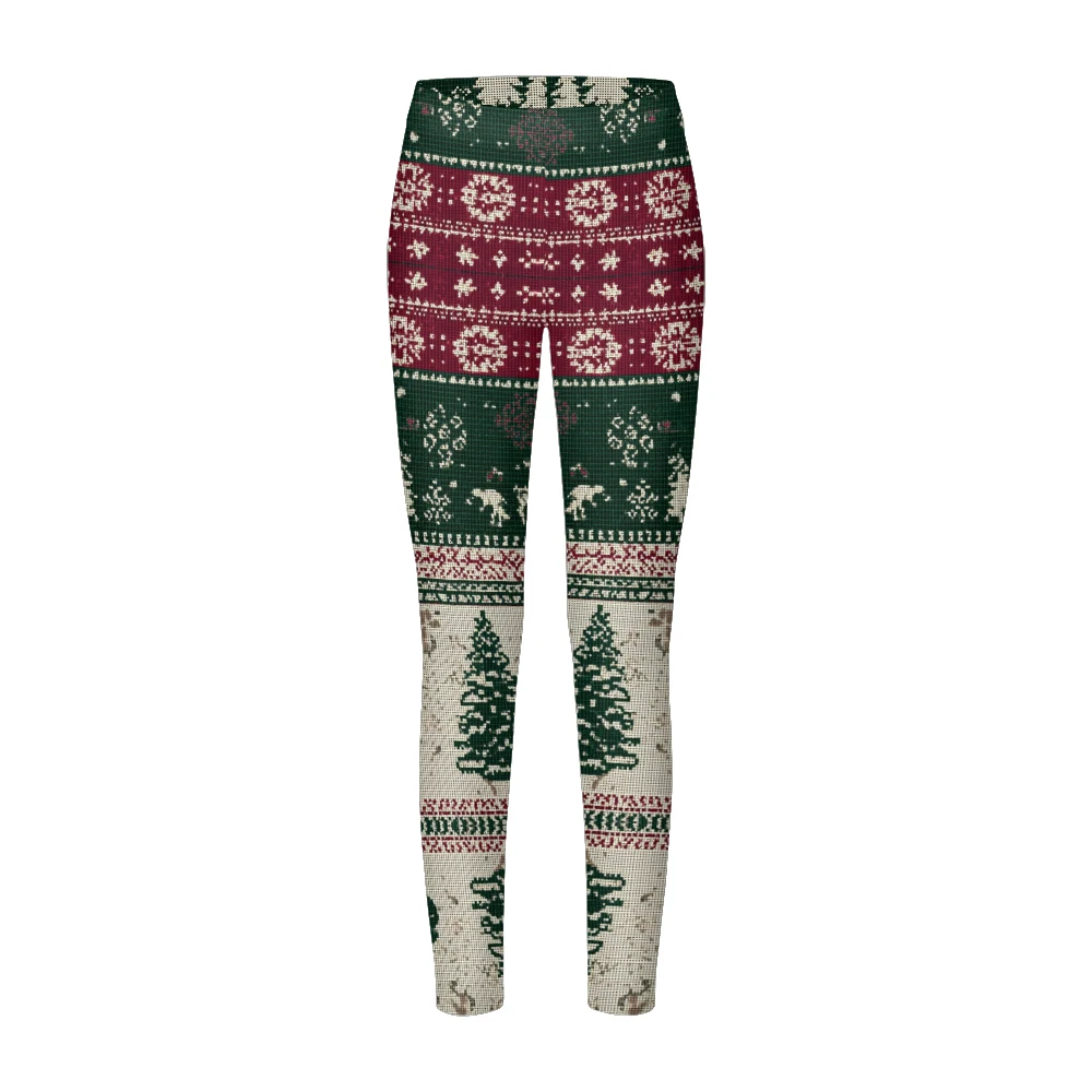 Nordic Christmas Printed Leggings for Women Deep Blue Base with White Reindeer Pine Trees Snowflake Knit Pattern Full-Length