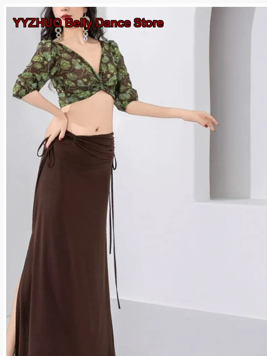 Women's Oriental Dance Practice Top and Skirt Set with Niche Floral Print