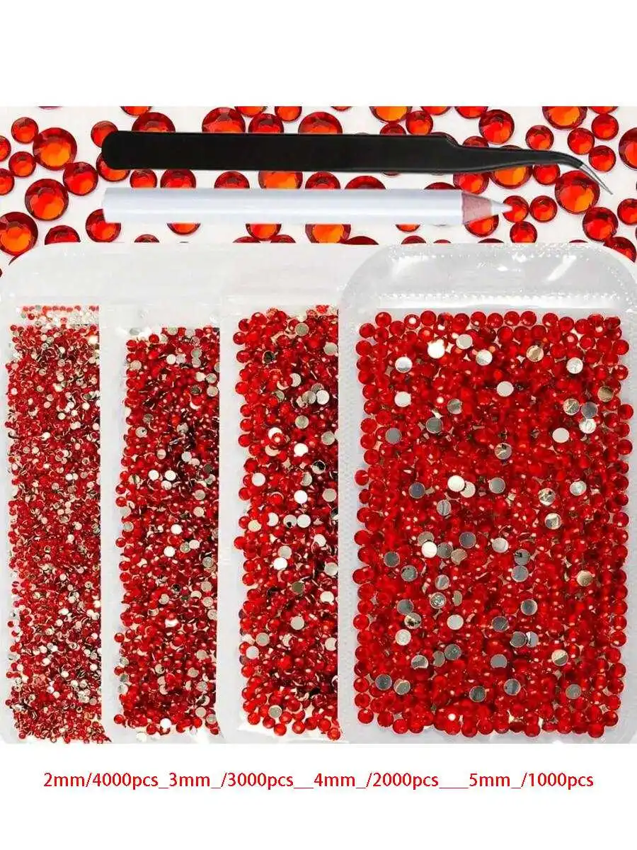 鮮やかなラインストーンの4袋セット、サイズは2mm、3mm、4mm、5mm、合計10000個、ピックとピンセット付き、ホットフィックスではありません。