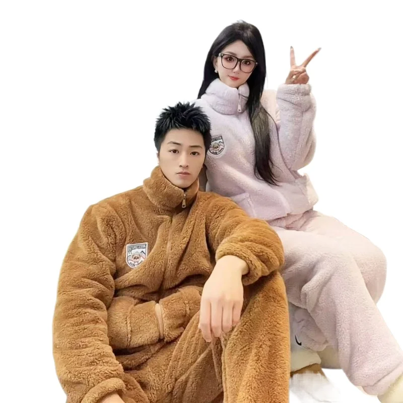 

Winter Couple Coral Fleece Pajamas Women' Turtleneck Thickened Warm Zipper Casual Wear Velvet Loungewear Set Can Be Worn Outside