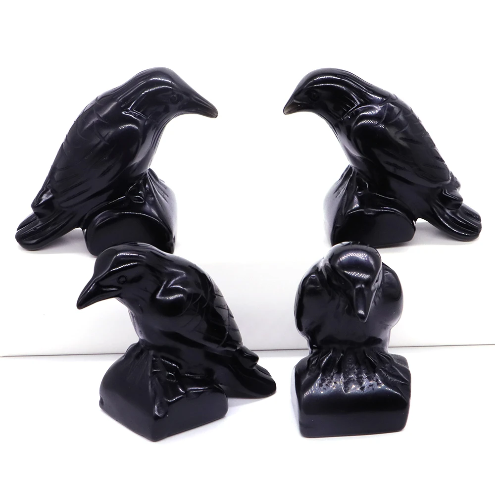 

2.3" Raven Statue Natural Stone Black Obsidian Healing Crystal Hand Carved Crow Bird Figurine Crafts Creative Home Decoration