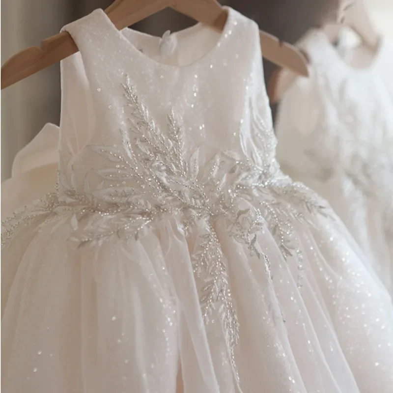 Primeiro vestido de aniversário de menina, vestido de baile branco infantil, vestido de casamento infantil, roupas de princesa infantil, batismo