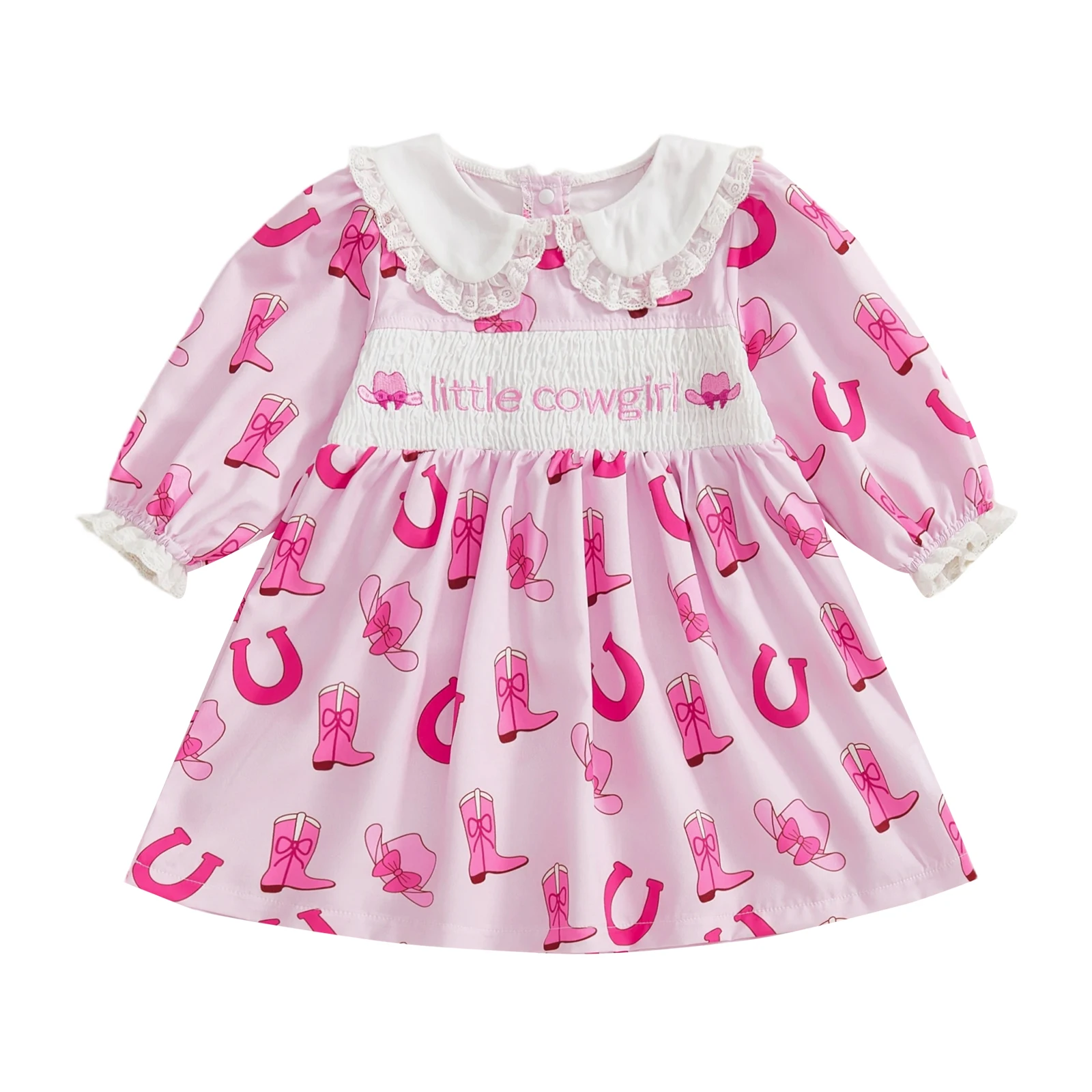 

Toddler Girl Western Dress Boot Cowgirl Hat Pattern Lace Trim Long Sleeve Doll Collar A-line Dresses