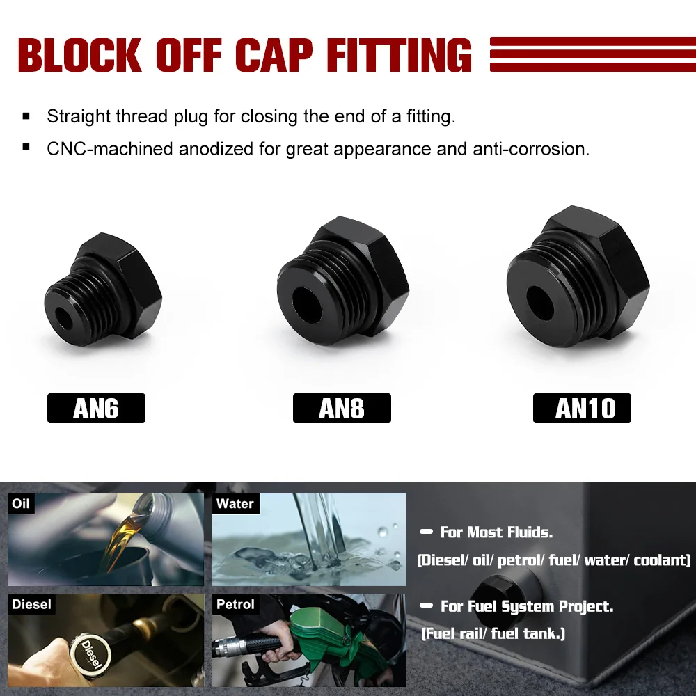 1 or 2 Pieces AN6 AN8 AN10 Male Block Off Cap Fitting Hex Head Plug With O-Ring Adapter Aluminum Alloy BL02