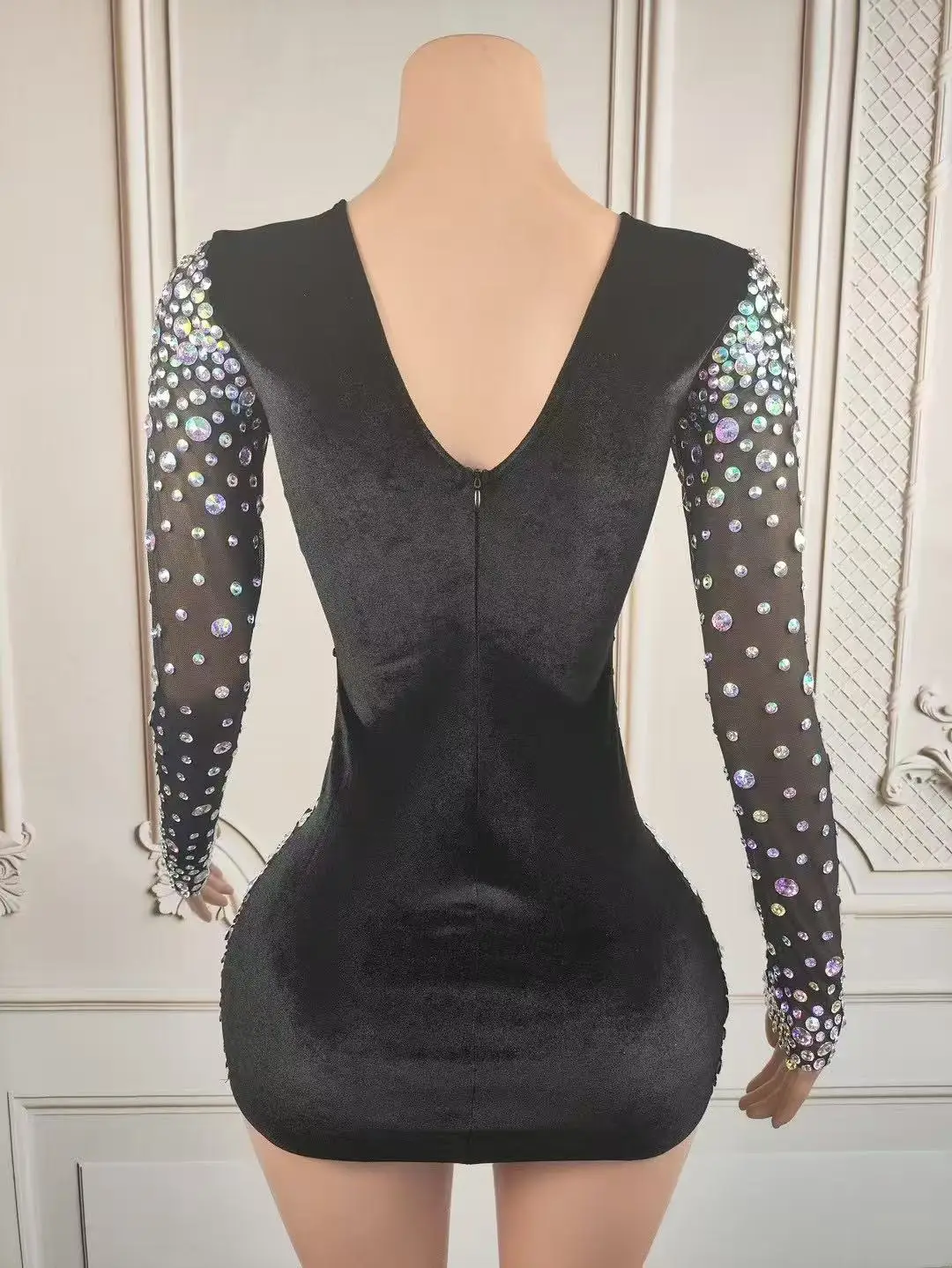 Sexy AB Rhinestones Black Short Prom Dress Luxury Crystal V Neck Graduation Cocktail Birthday Party Photoshoot Stage Wear