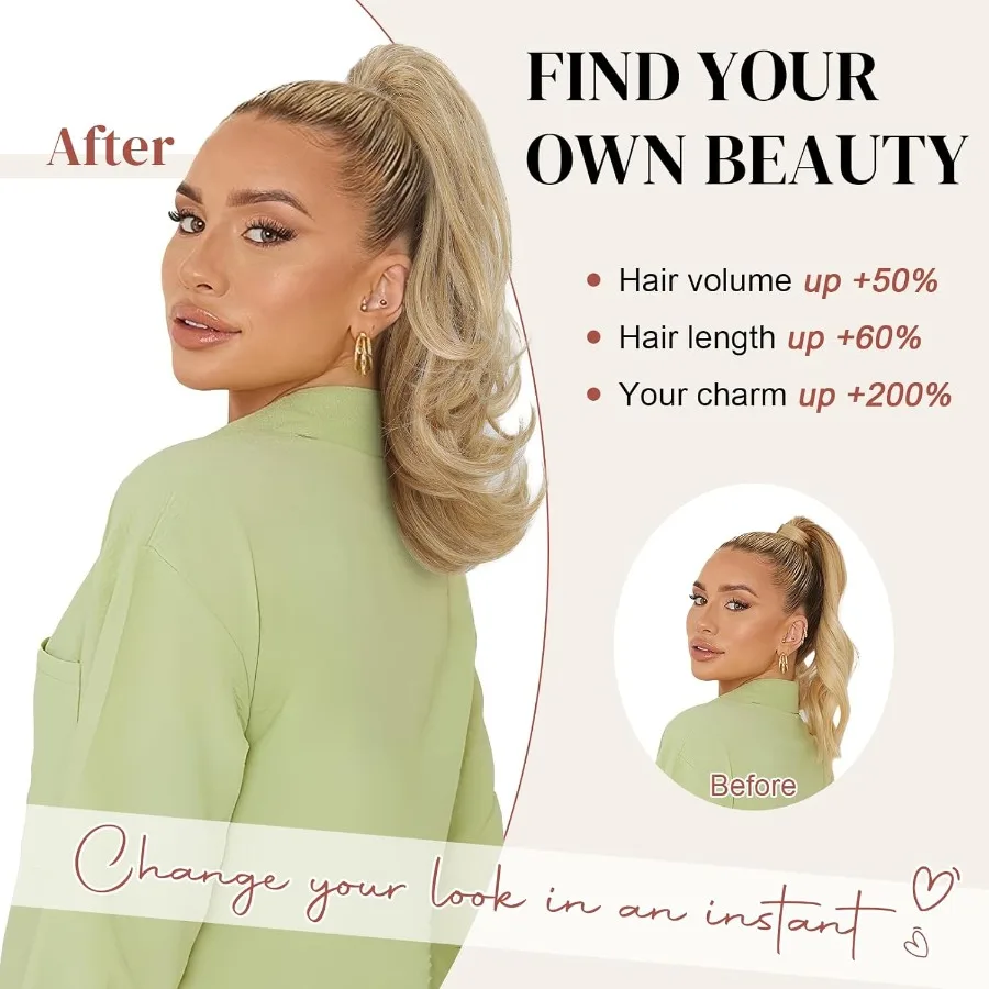 여성용 18인치 레이어드 웨이브 포니테일 헤어 익스텐션, 자연스러운 드로스트링 합성 헤어피스 (딥 브라운 및 블론드 톤)