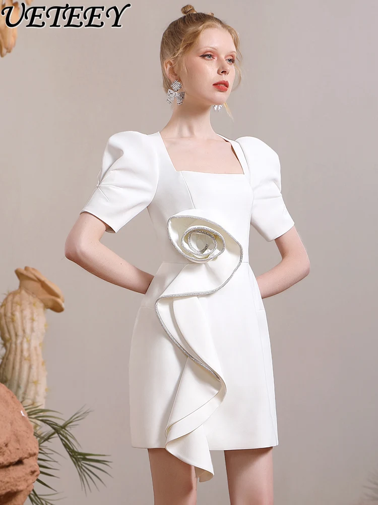 

High-End Designer Model 2024 New Summer Three-Dimensional Flowers Short-Sleeved Dress Women's Niche Design Elegant White Dress