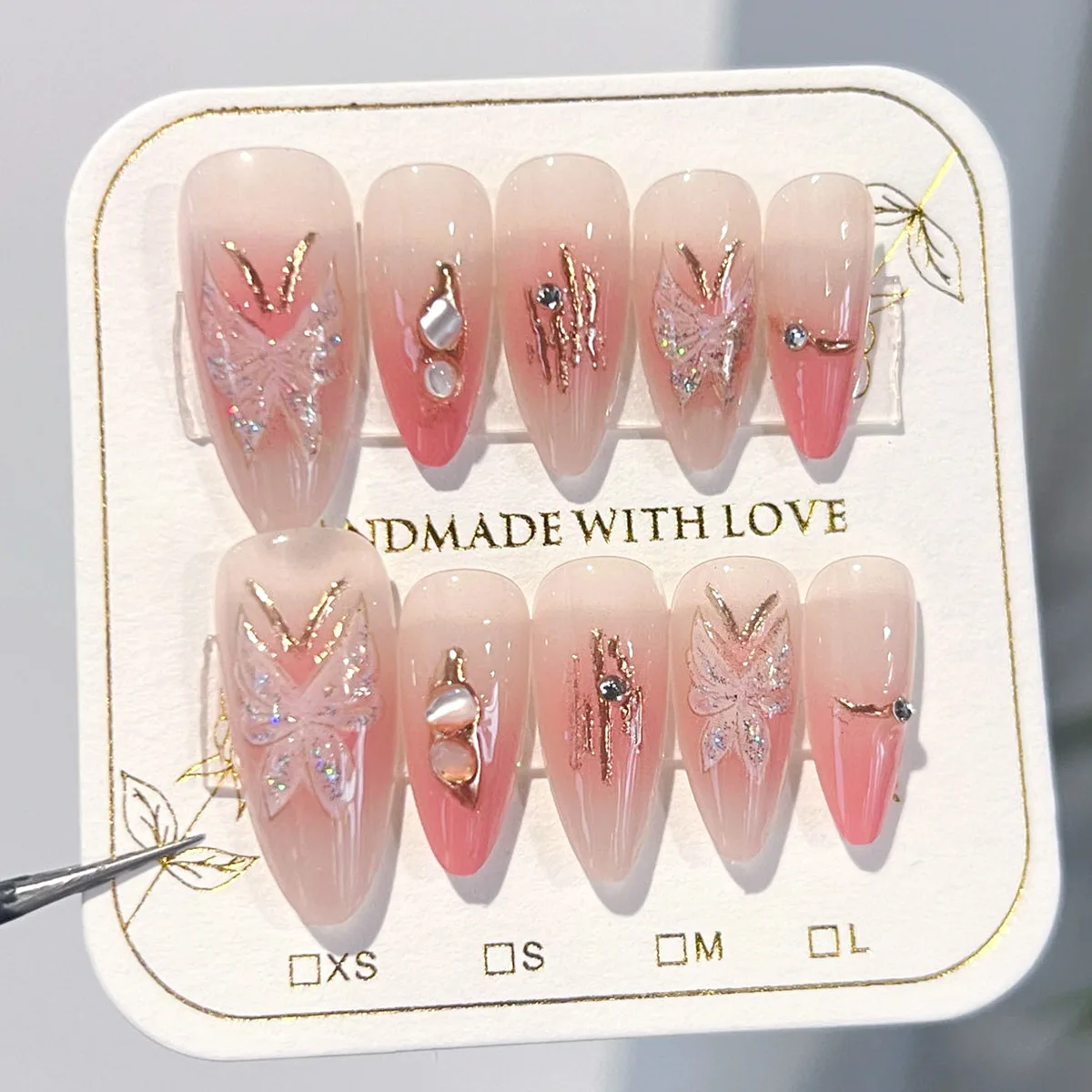 Faux ongles rose brillant avec poignées en diamant, nail art, manucure complète, fard à joues, amande moyenne, papillon œil de chat, N64.Shiny, pointe d'ongle, 10 pièces