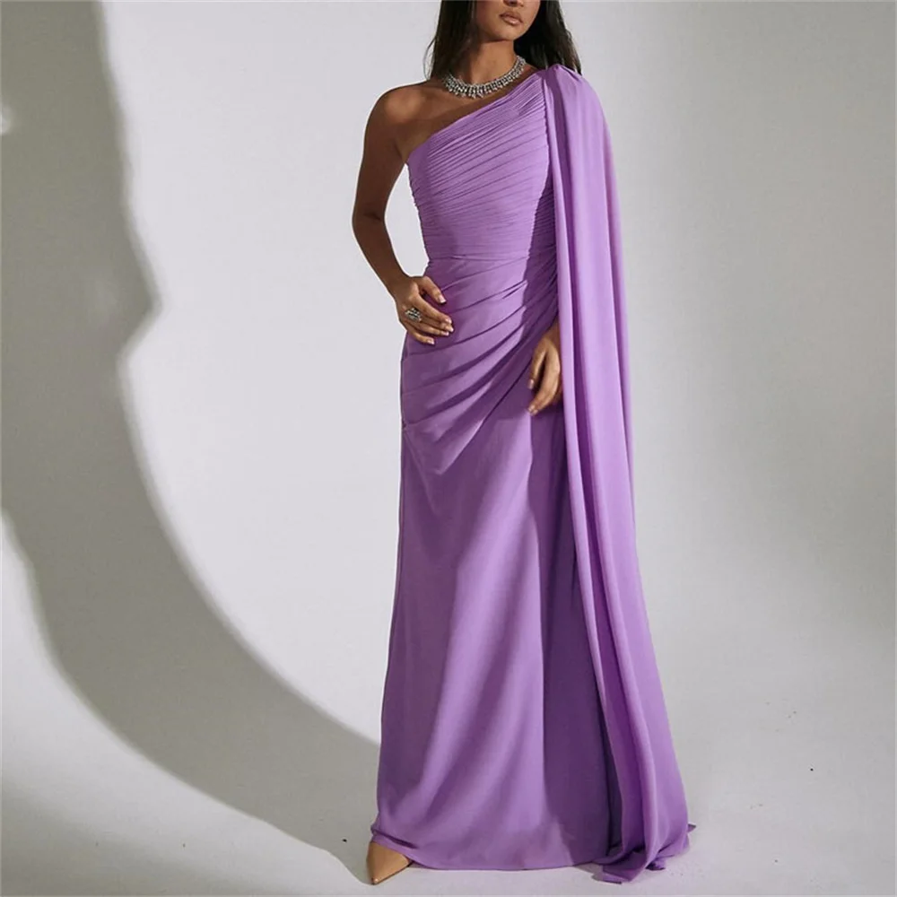 ROYET Simple Style One Shoulder Pleat A Line Prom Dress Floor Length Vintage Sweep Train Elegant Classic Purple Evening Gown