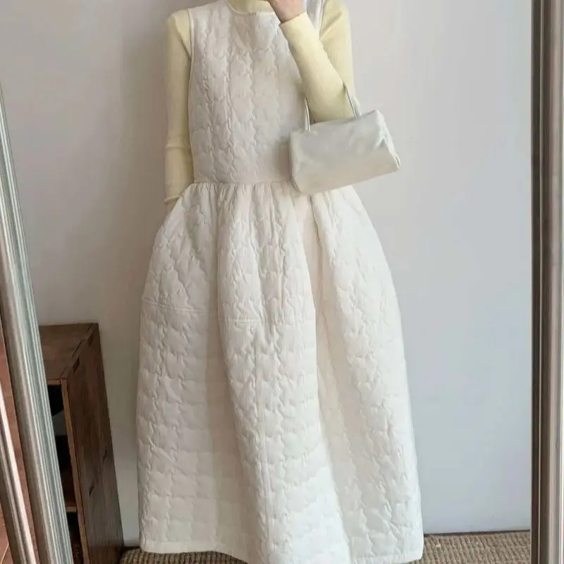 Autumn Sweet Lace Up Long Dress Women Quilted a-Line Dresses Solid Color o-Neck High Waist Sleeveless Vest Vestidos Robe 757A