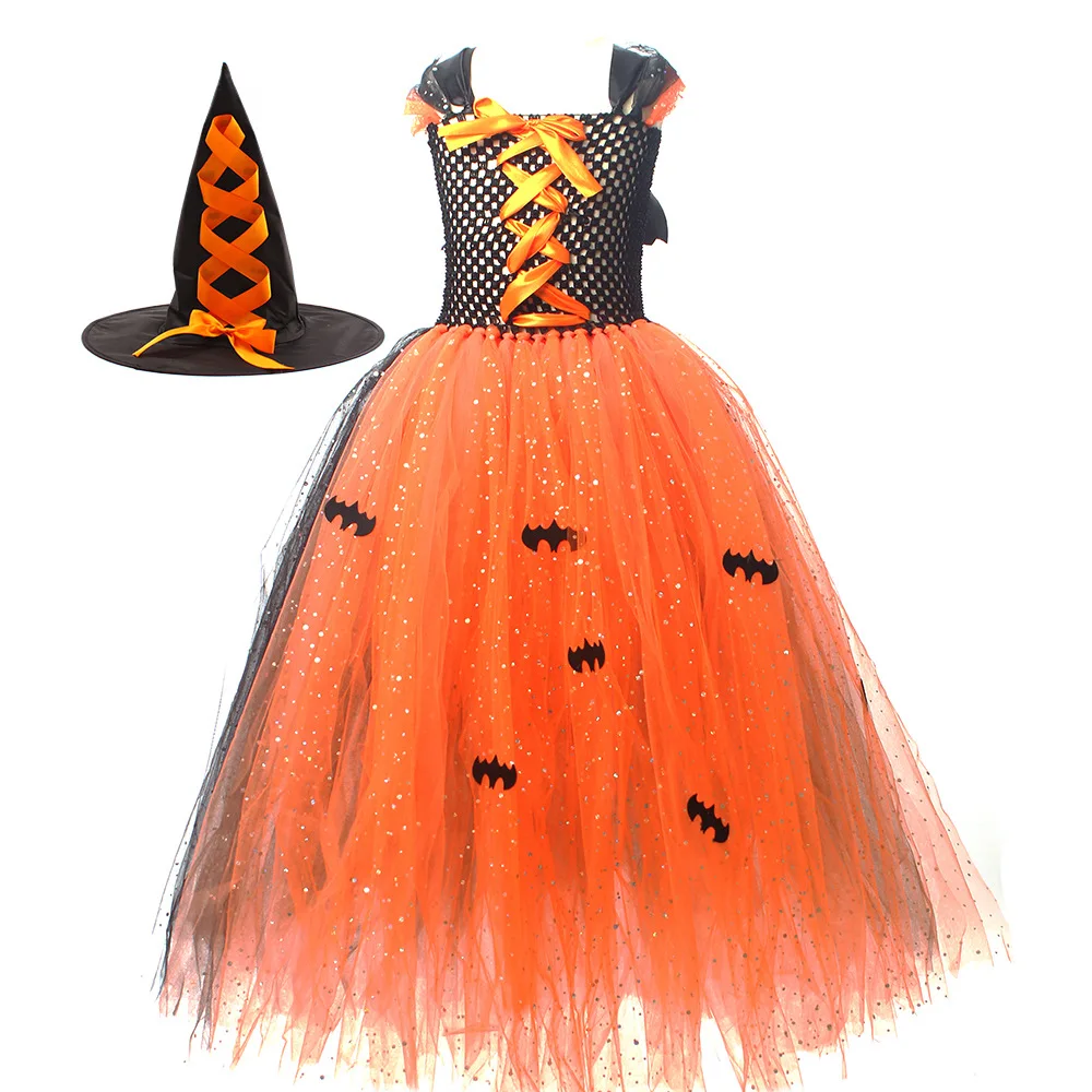 Bat Witch Costume for Girl Halloween Party Cosplay Costumes Sequin Mesh Tutu Dress Princess Birthday Party Kid Costume Gifts