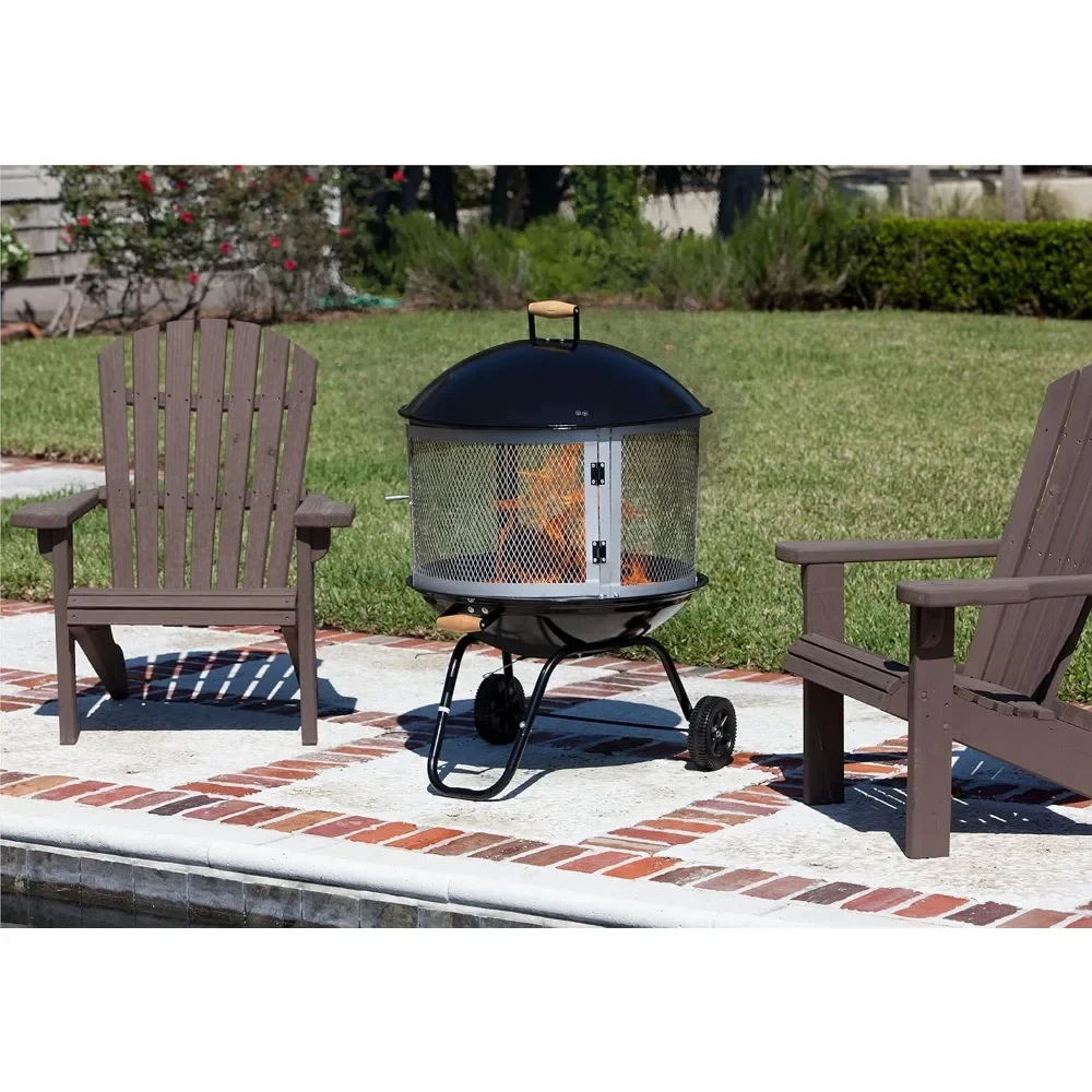 01471 Fire Pit Bessemer Rolling Patio Fireplace Wooden Bonfire Porcelain Enamel Wood Burning with Wheels & Handle Gri