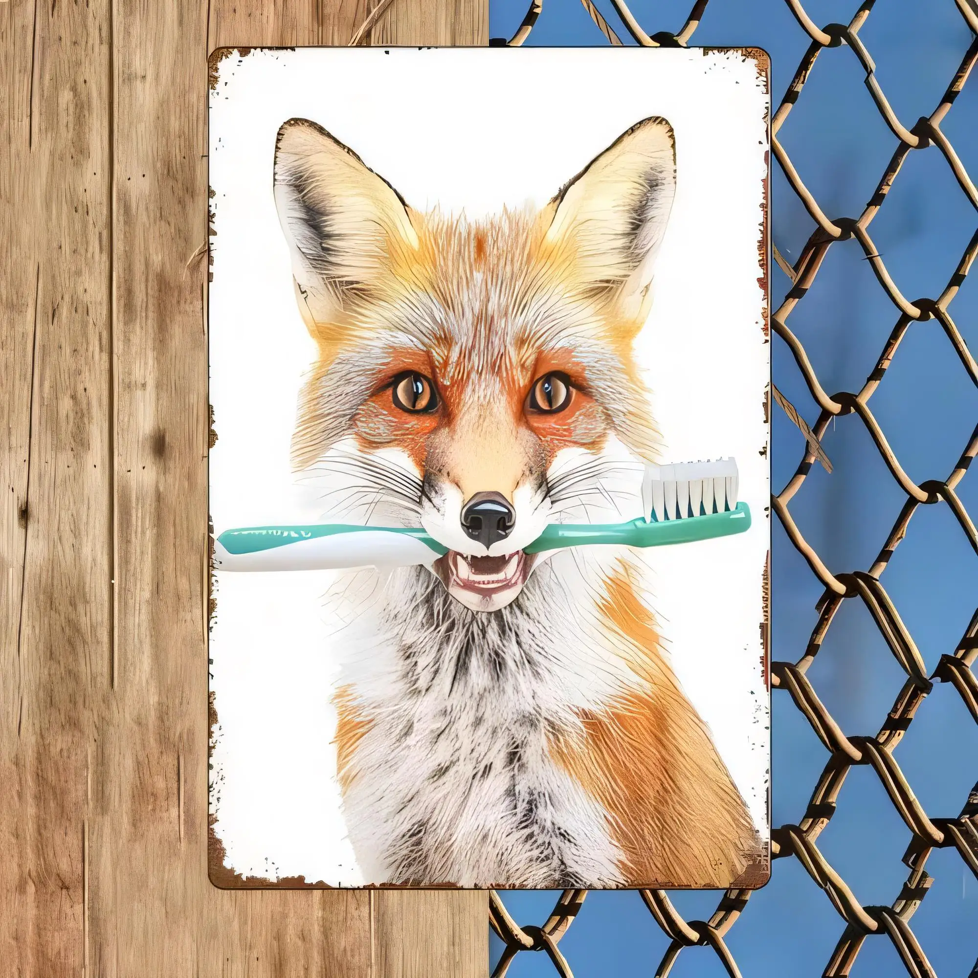 Fox with Toothbrush Funny Animal Tin Sign, Vintage Farmhouse Wall Decor for Bathroom, Retro Metal Plaque  , Cute Woodland Pet Ar