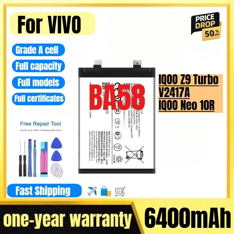 

BA58 for VIVO IQOO Z9 Turbo/V2417A/IQOO Neo 10R Phone Battery High Quality High Capacity Replacement Bateria Grade A Cell Tools