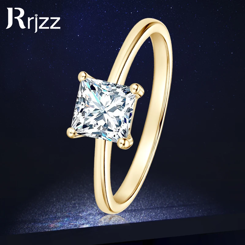 Rrjzz Princess Cut VVS1 CZ Lab Diamond Solitaire Ring Silver Gold Color Women Engagement Band Rings for Wedding Fine Jewelry
